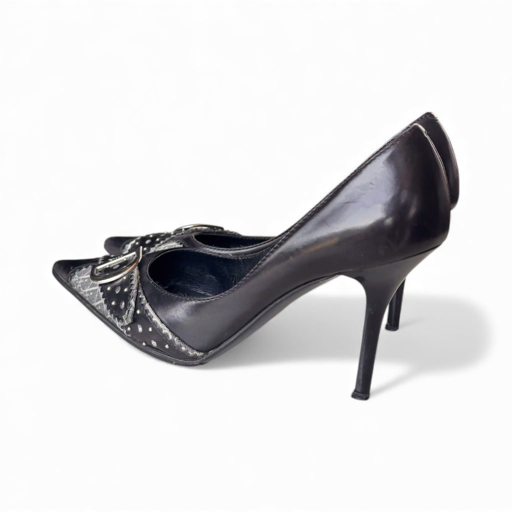 Christian Dior by John Galliano 2000's Black Leather "D" Buckle Monogram Heels 36.5