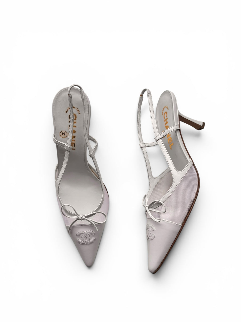 Chanel 2005 Iconic "CC" White Toe Cap Mesh Bow Slingback Heels
