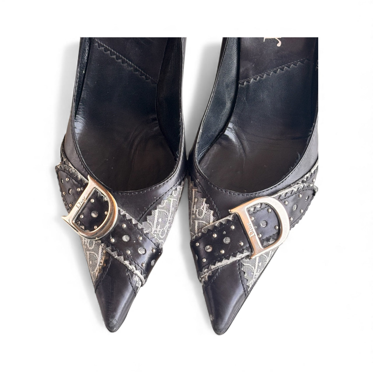 Christian Dior by John Galliano 2000's Black Leather "D" Buckle Monogram Heels 36.5