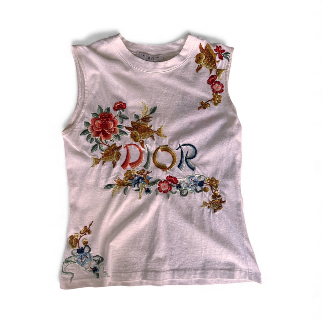 Christian Dior John Galliano 2002 Oriental Koi Fish Floral Embroidered Tank Top White