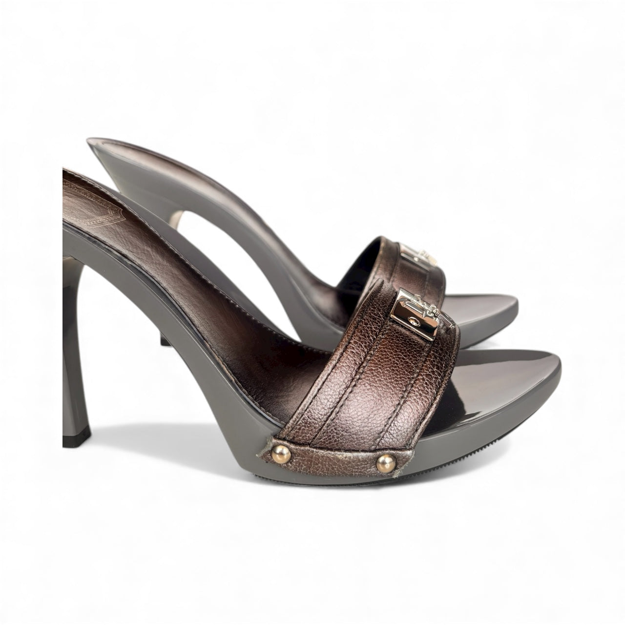 Christian Dior by John Galliano Metallic Grey Logo Plate Heels 37