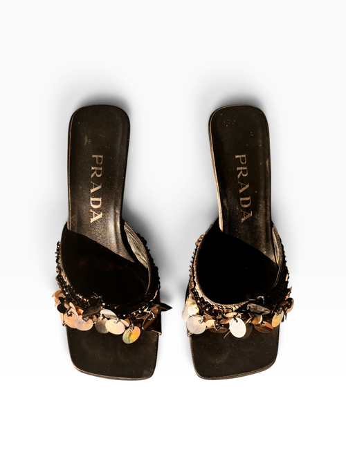 1990s Prada Black Sequin Mules