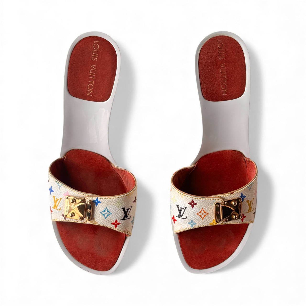 Louis Vuitton 2000s White Multicolour Monogram Murakami Mules With Gold Buckle 36
