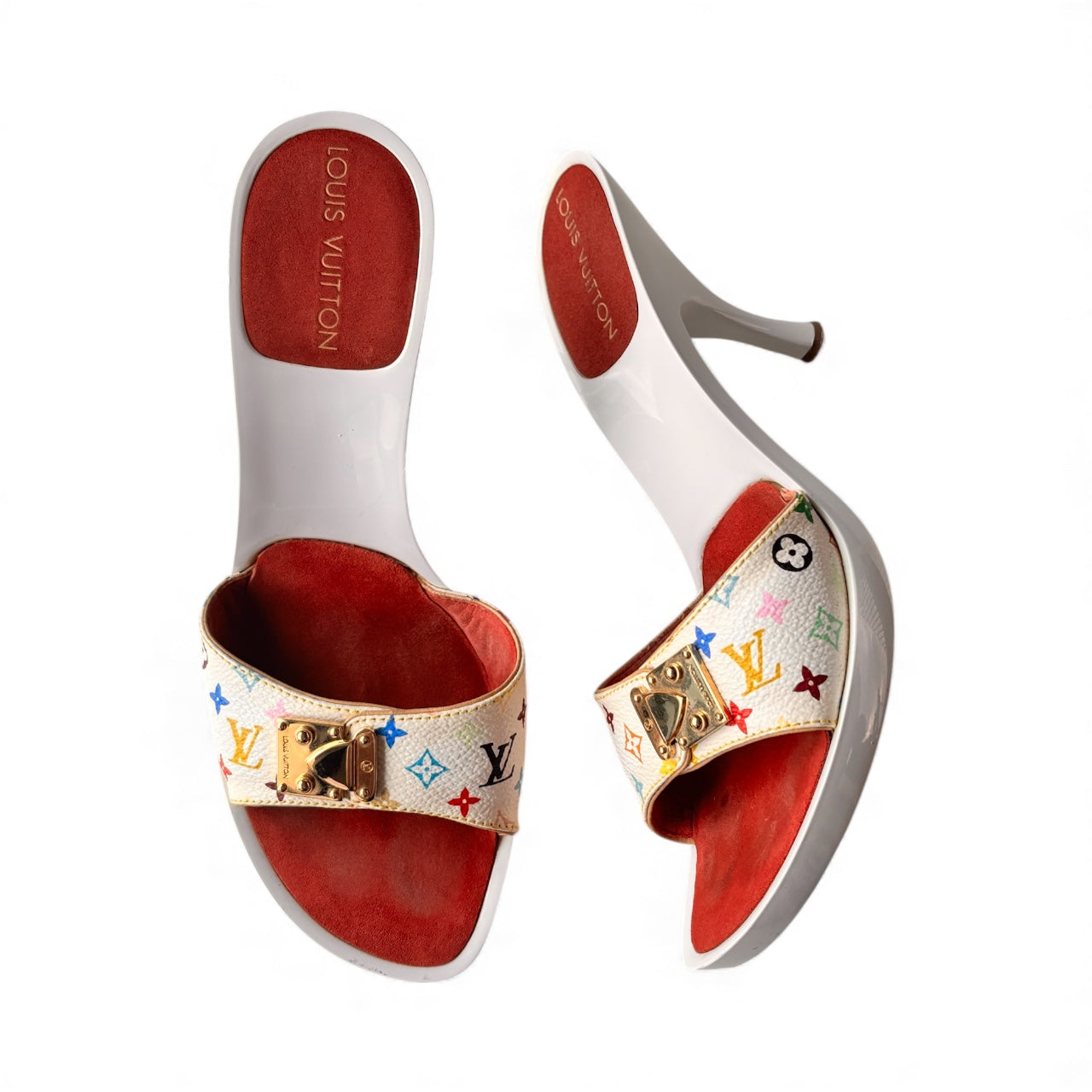 Louis Vuitton 2000s White Multicolour Monogram Murakami Mules With Gold Buckle 36