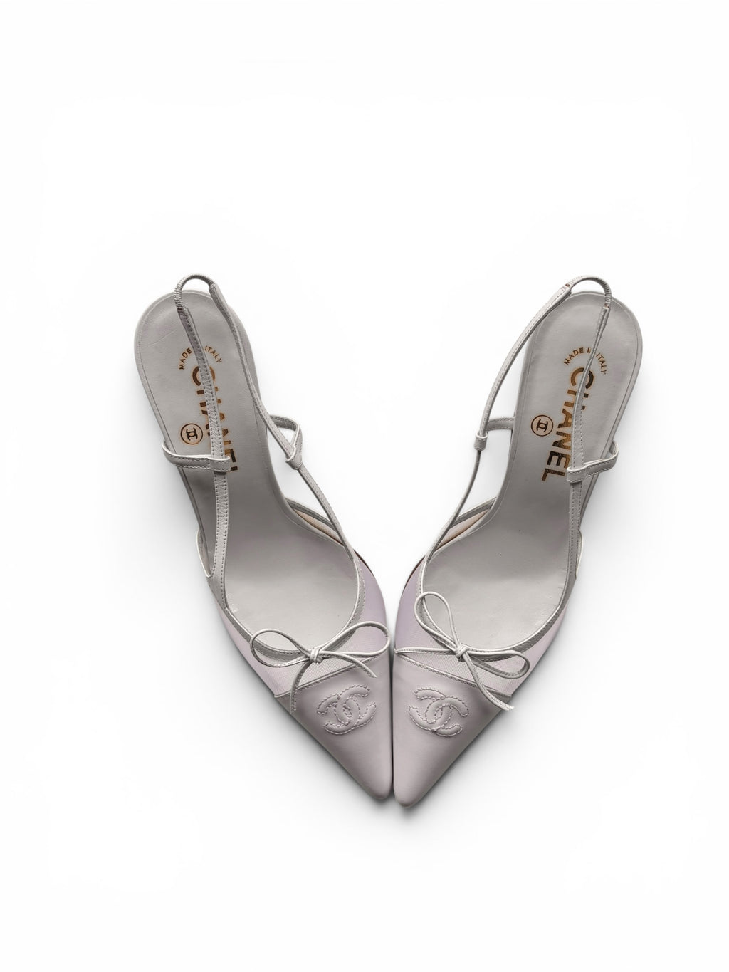 Chanel 2005 Iconic "CC" White Toe Cap Mesh Bow Slingback Heels
