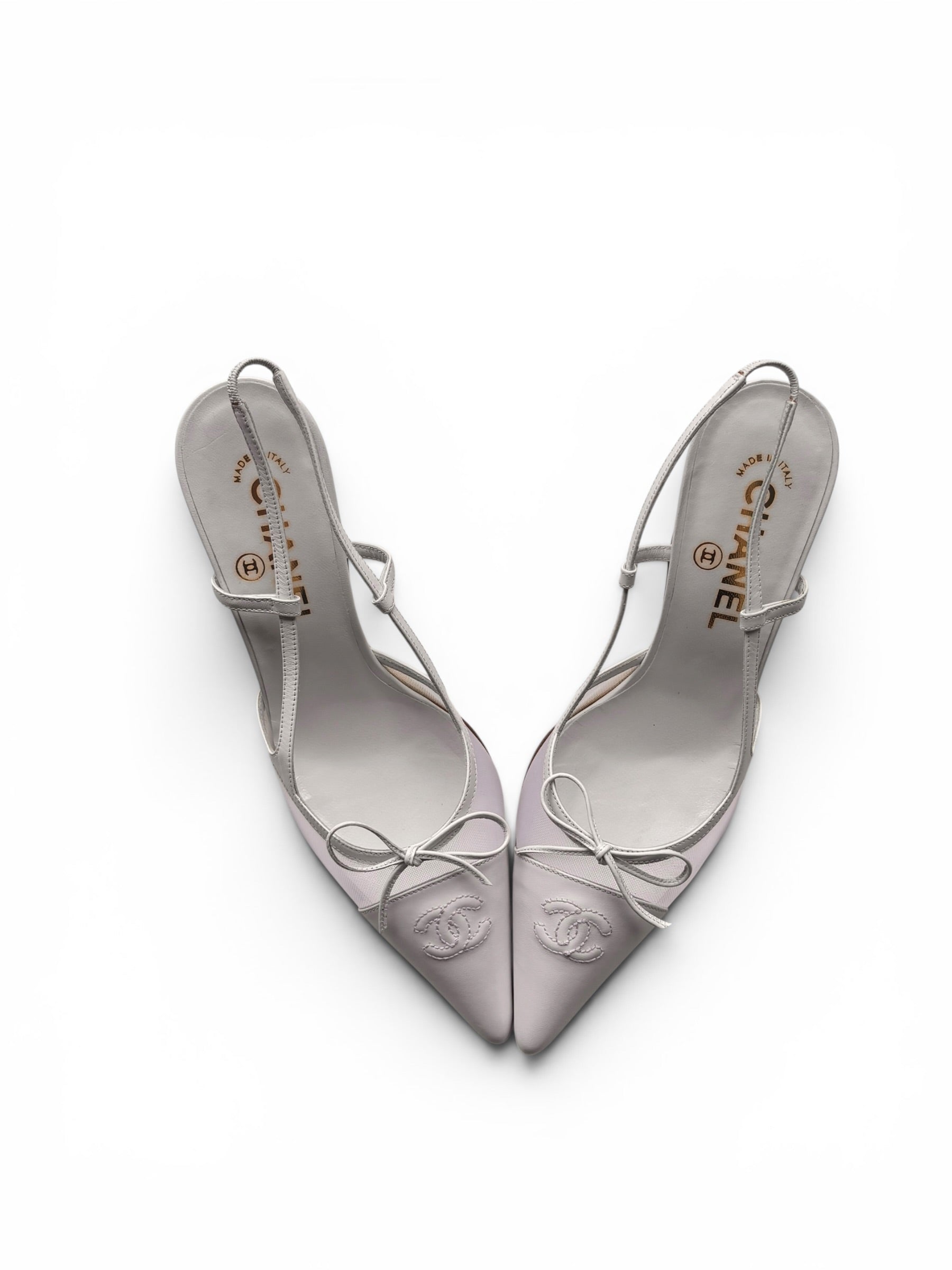 Chanel 2005 Iconic "CC" White Toe Cap Mesh Bow Slingback Heels