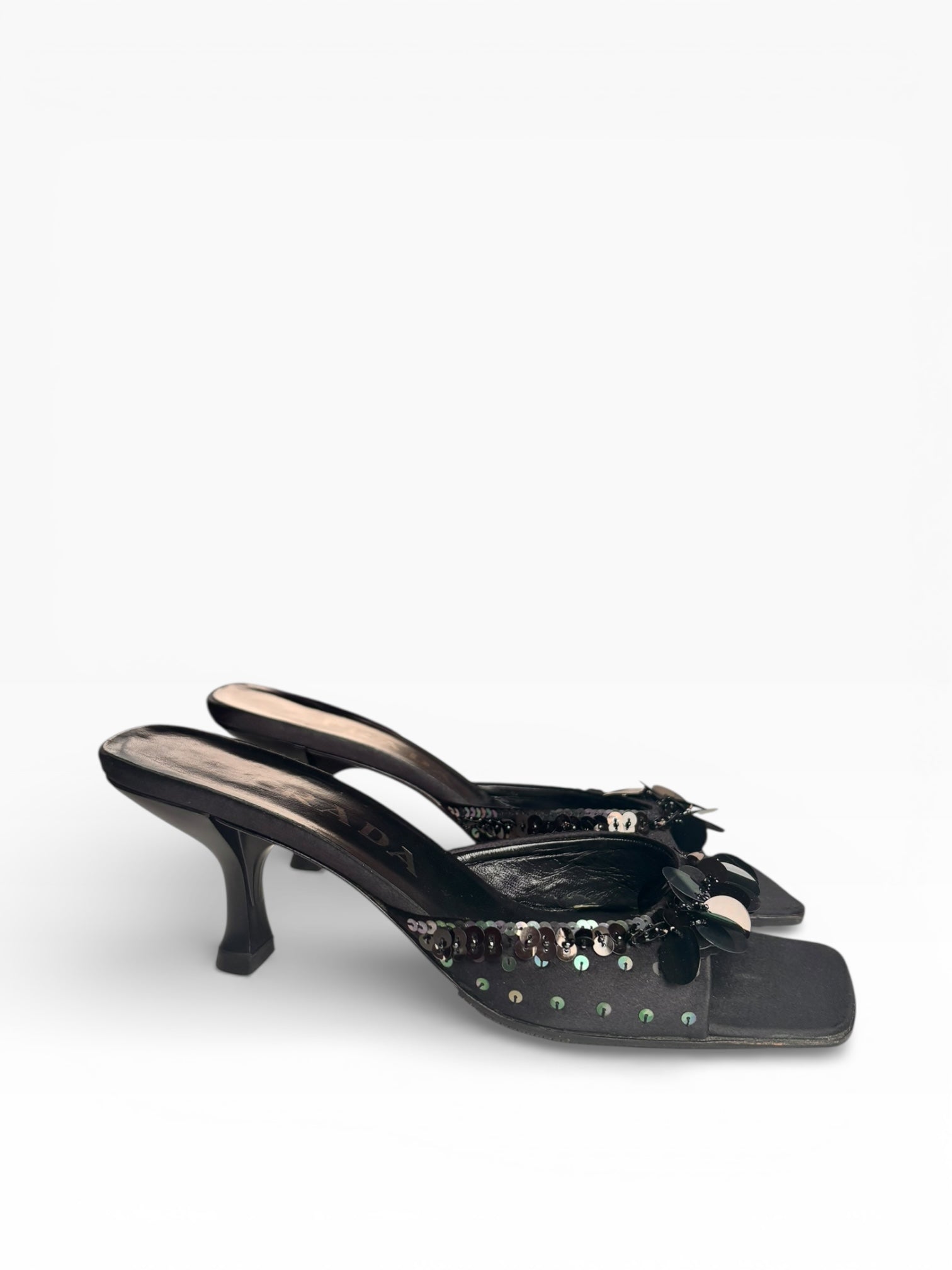 1990s Vintage Prada Black Sequin Mules 37.5