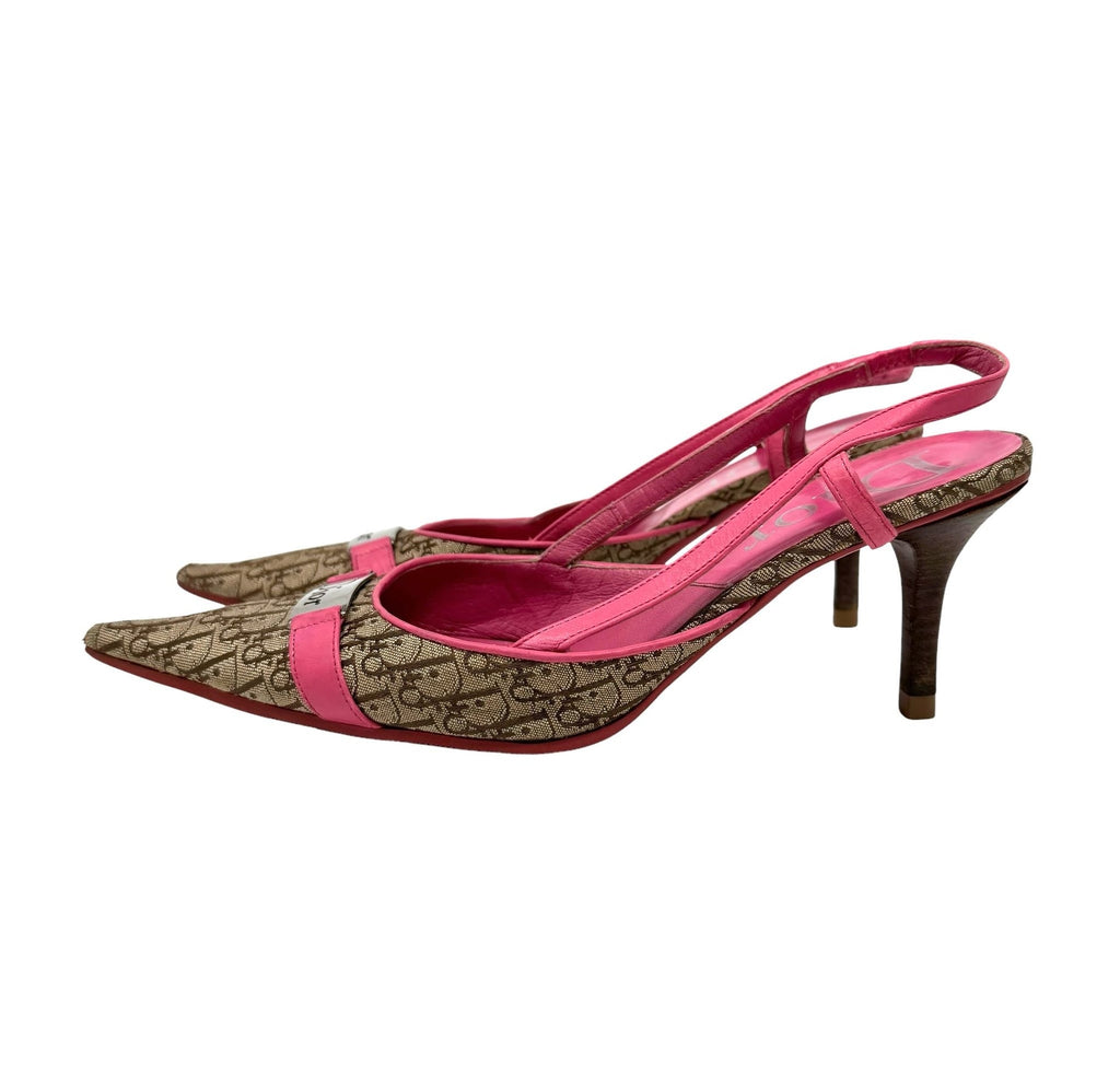 Dior Pink Monogram Logo Slingback Kitten Heels