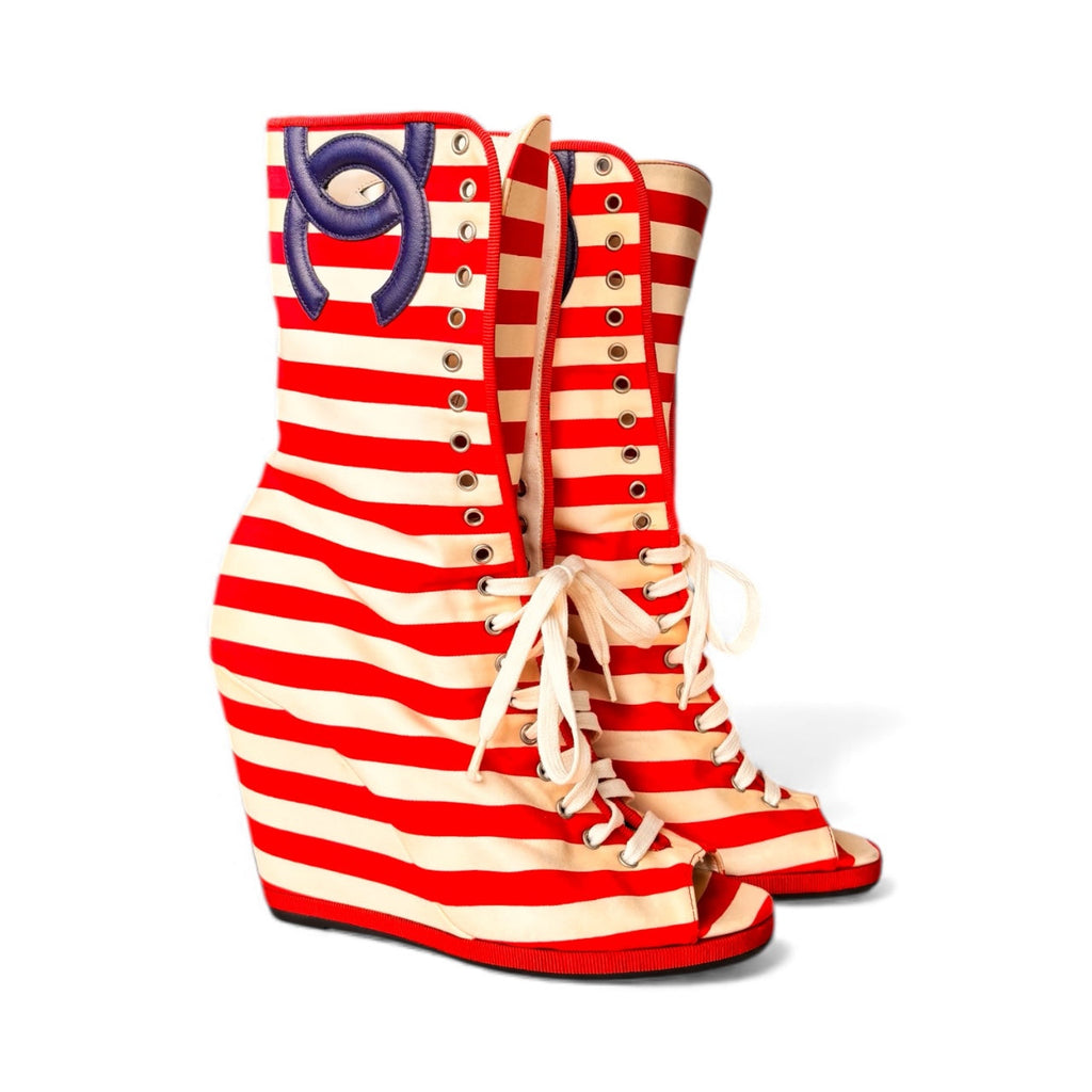 Chanel Cruise 2010 Merchant of Venice Striped Wedge Boots EU 38.5