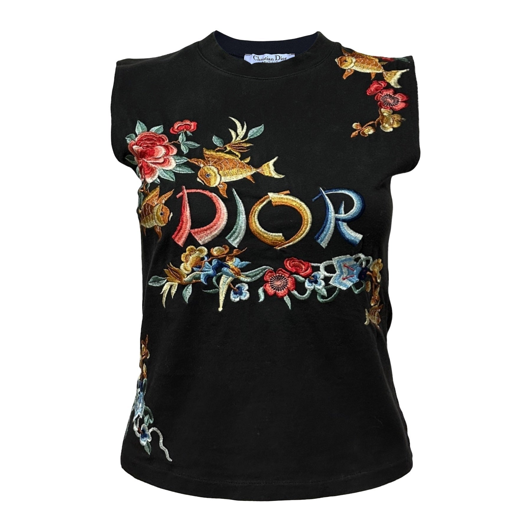 Christian Dior Galliano 2002 Oriental Koi Floral Embroidered Tank Top Black