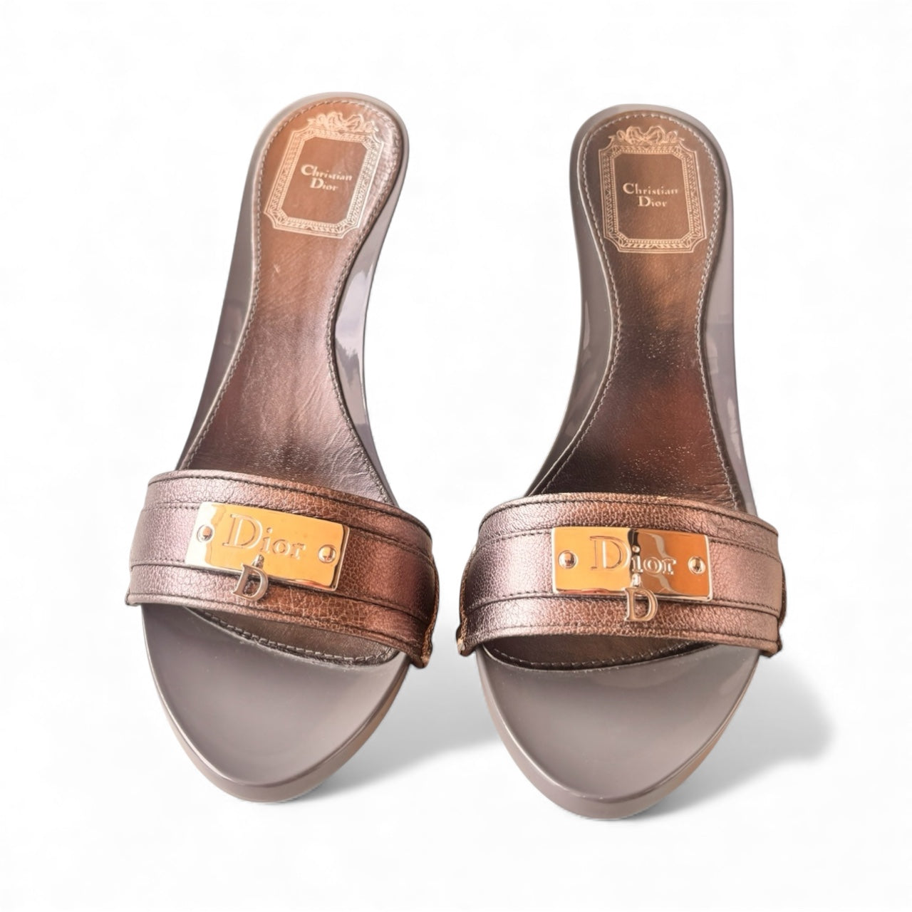 Christian Dior by John Galliano Metallic Grey Logo Plate Heels 37