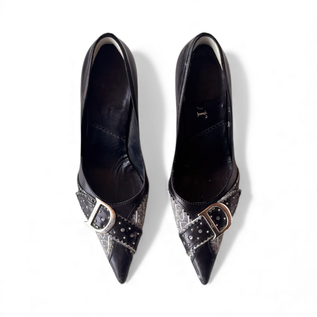 Christian Dior by John Galliano 2000's Black Leather "D" Buckle Monogram Heels 36.5