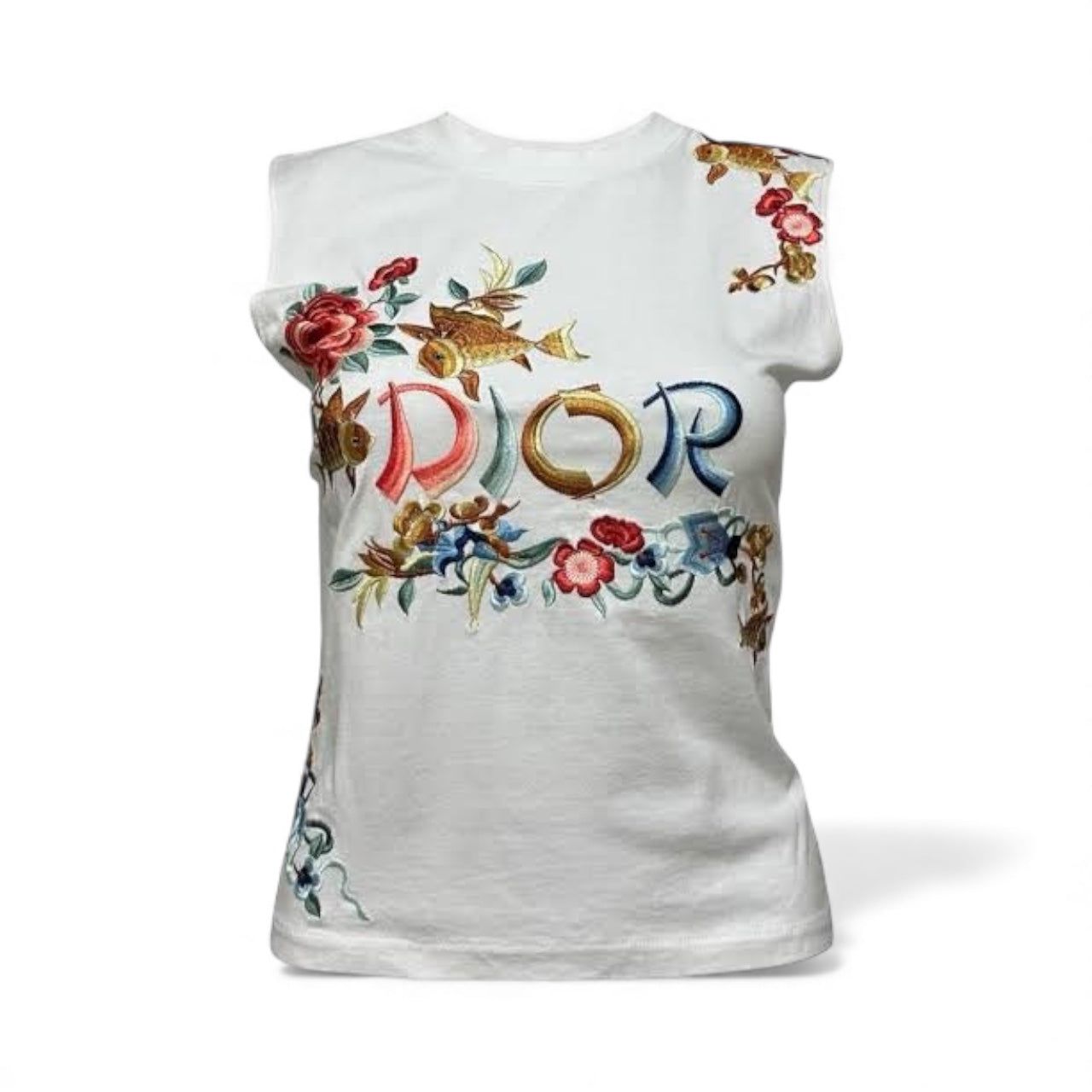 Christian Dior John Galliano 2002 Oriental Koi Fish Floral Embroidered Tank Top White