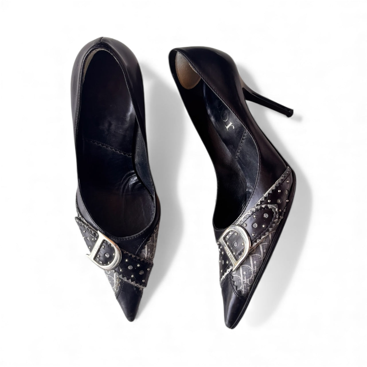 Christian Dior by John Galliano 2000's Black Leather "D" Buckle Monogram Heels 36.5