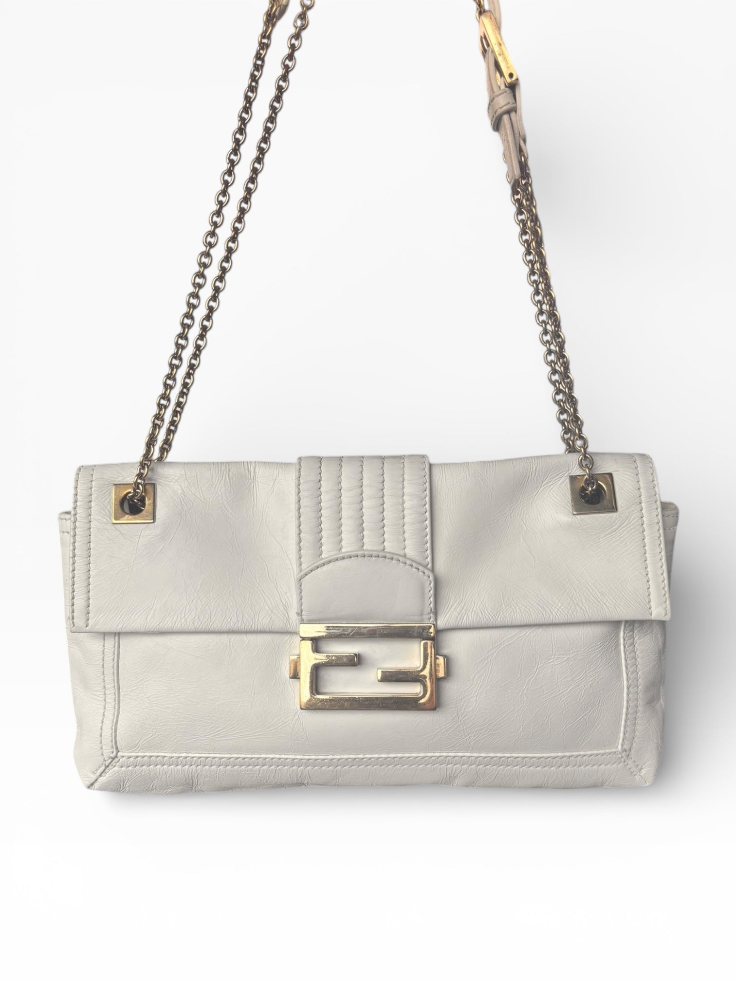 2000s Fendi White Leather Chain Baguette