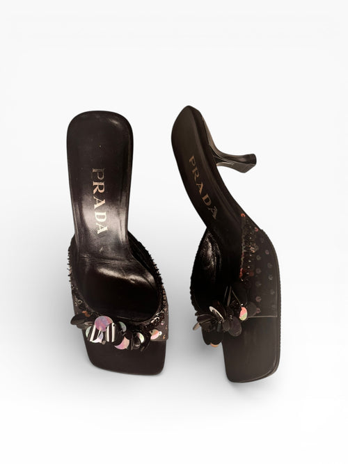 1990s Vintage Prada Black Sequin Mules 37.5