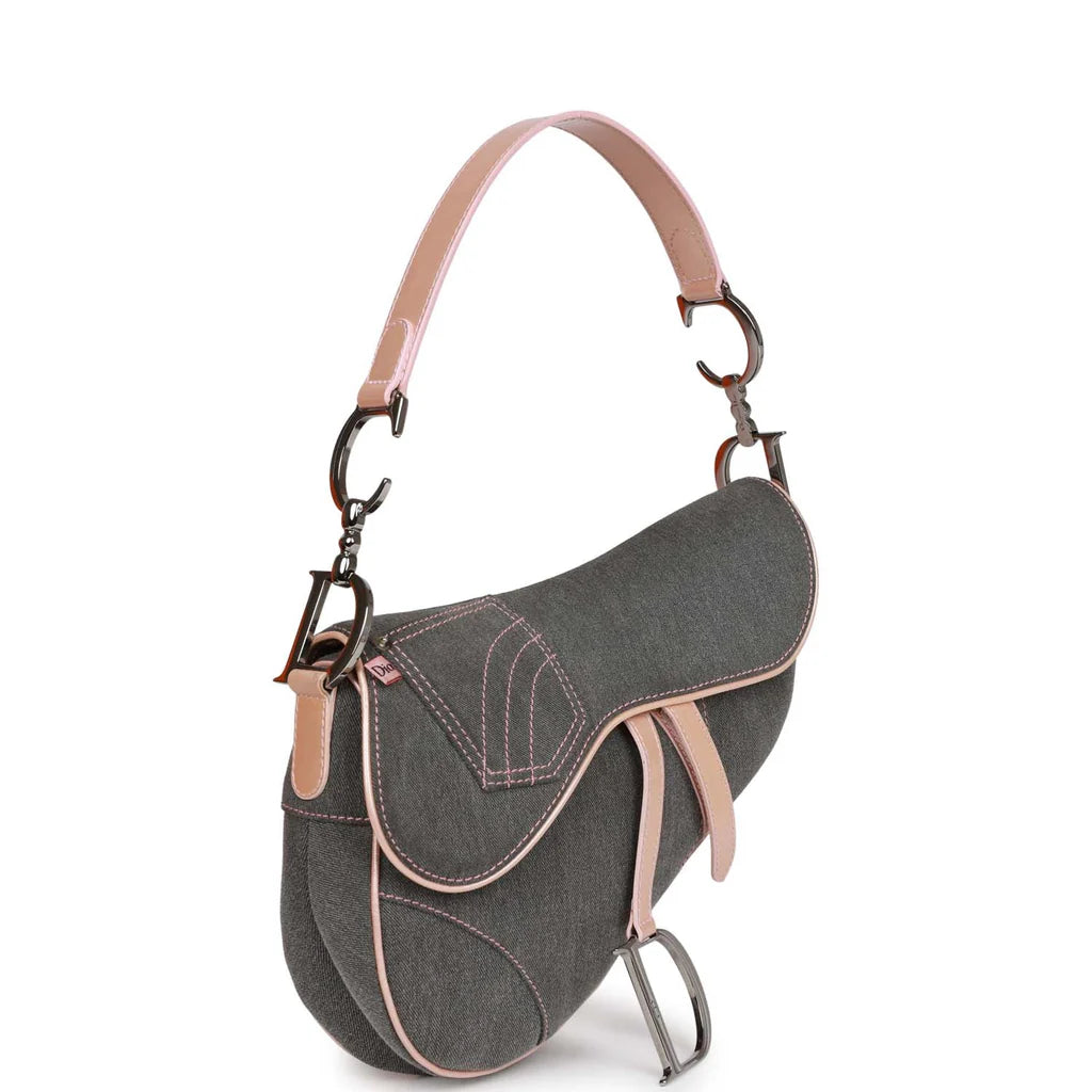 Dior Galliano Grey Denim Pink Saddle Bag