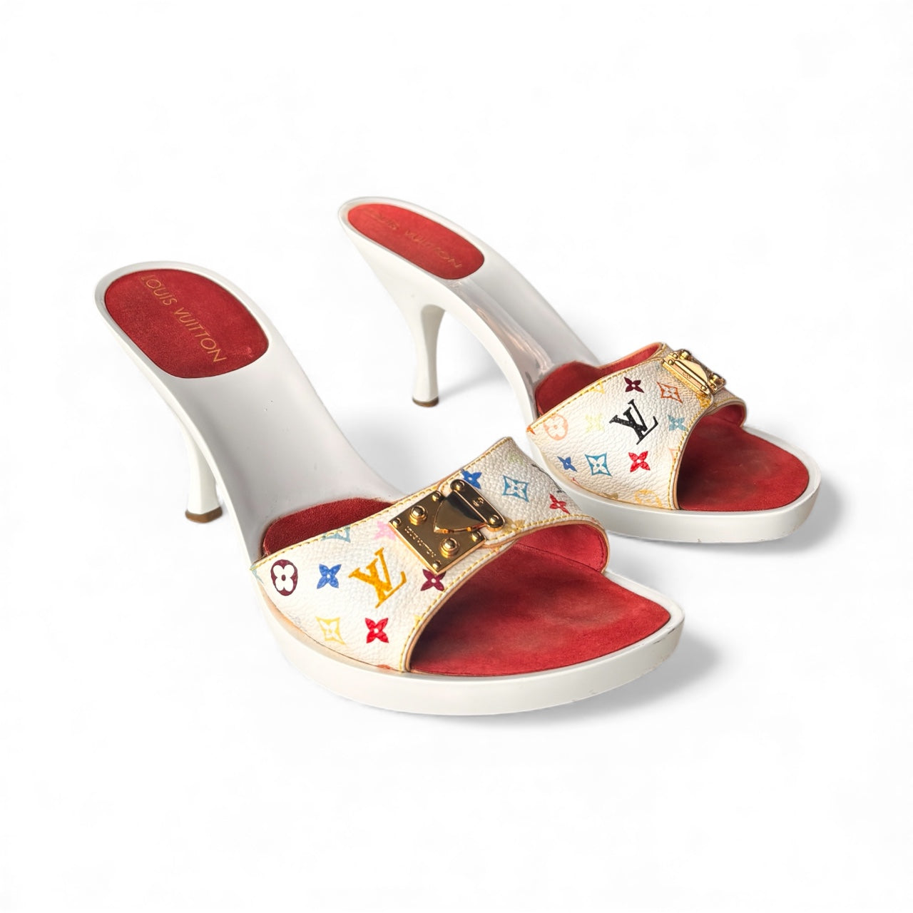 Louis Vuitton 2000s White Multicolour Monogram Murakami Mules With Gold Buckle 36