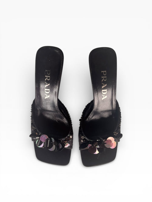 1990s Vintage Prada Black Sequin Mules 37.5