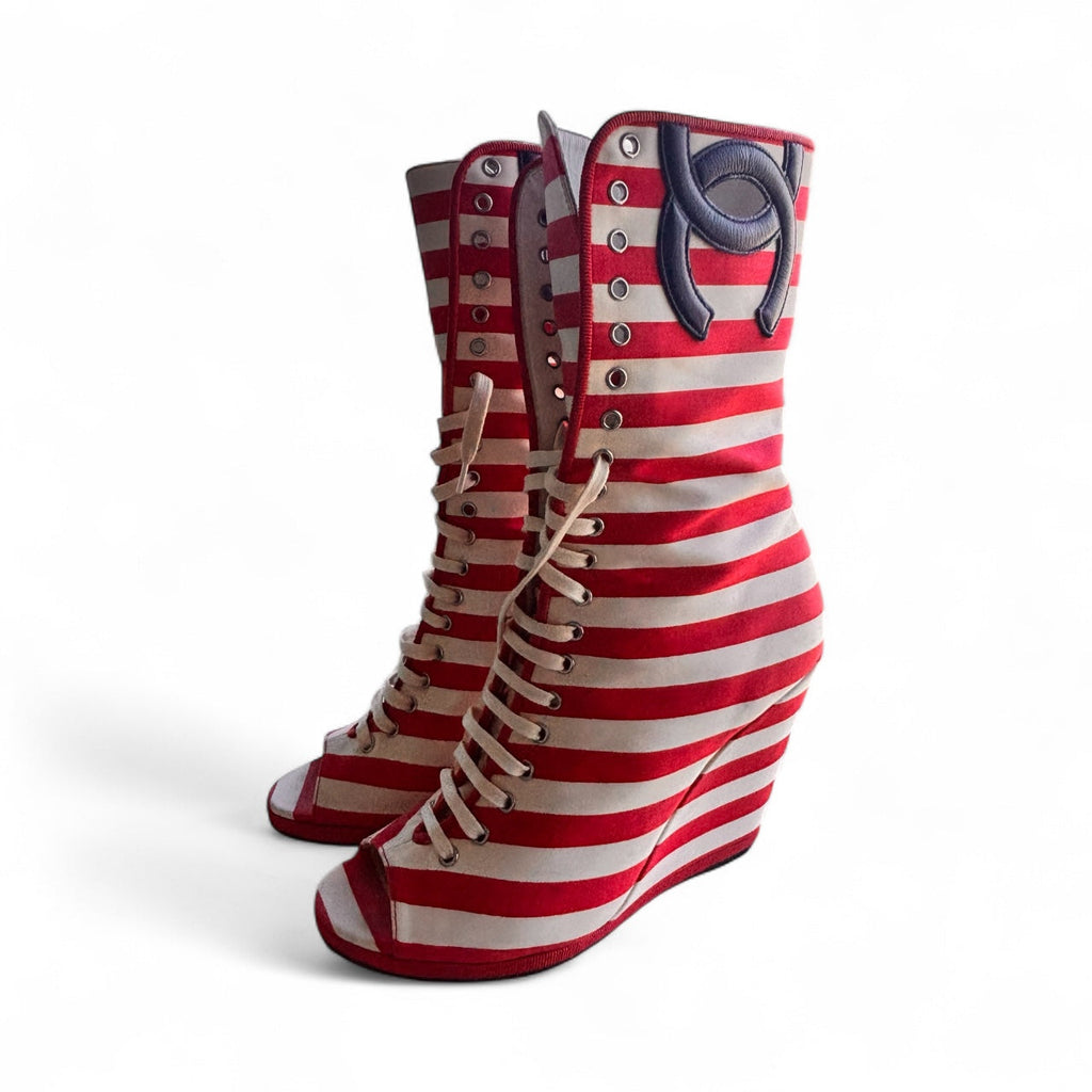 Chanel Cruise 2010 Merchant of Venice Striped Wedge Boots EU 38.5