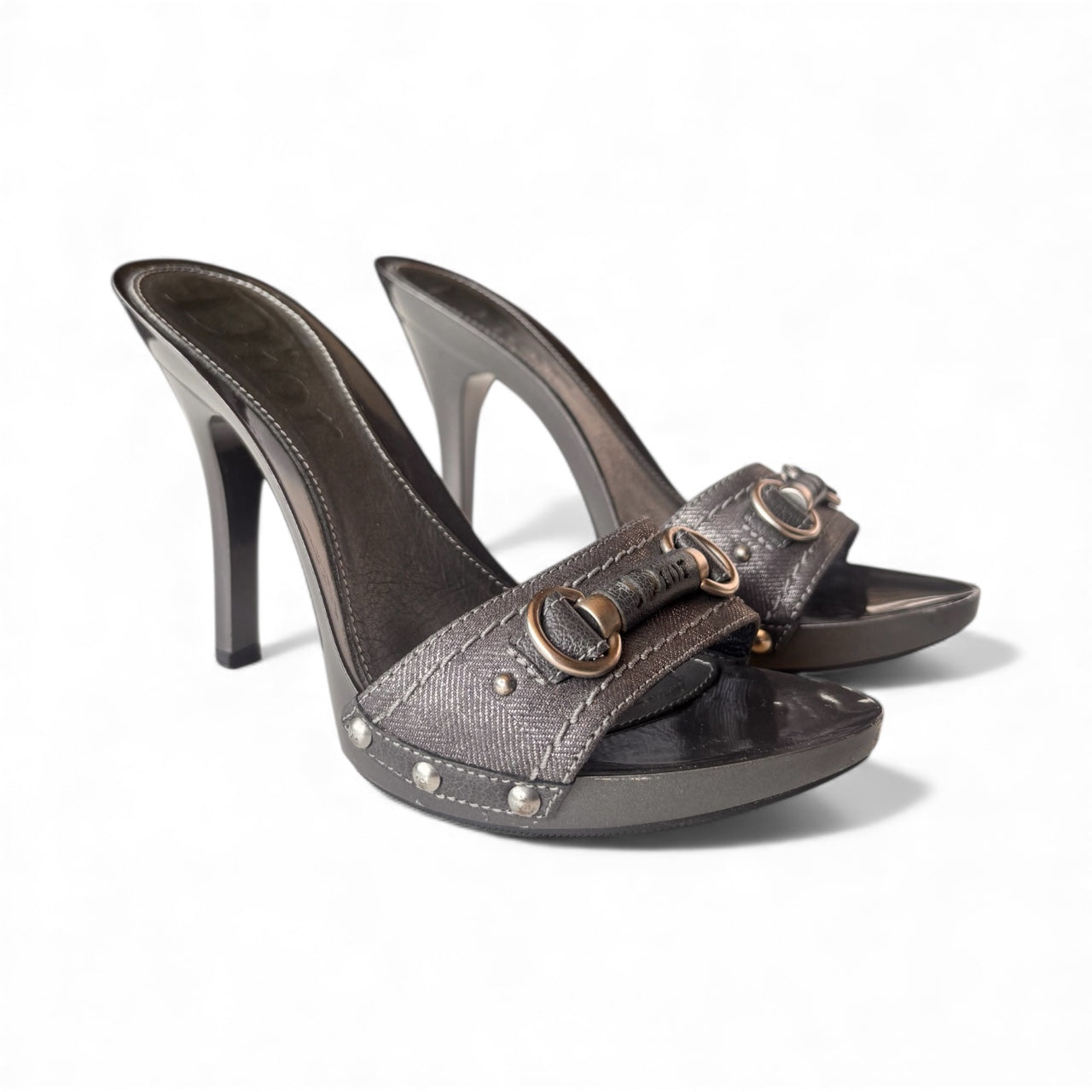 Christian Dior by John Galliano Grey Canvas Buckle Studded Heels 35