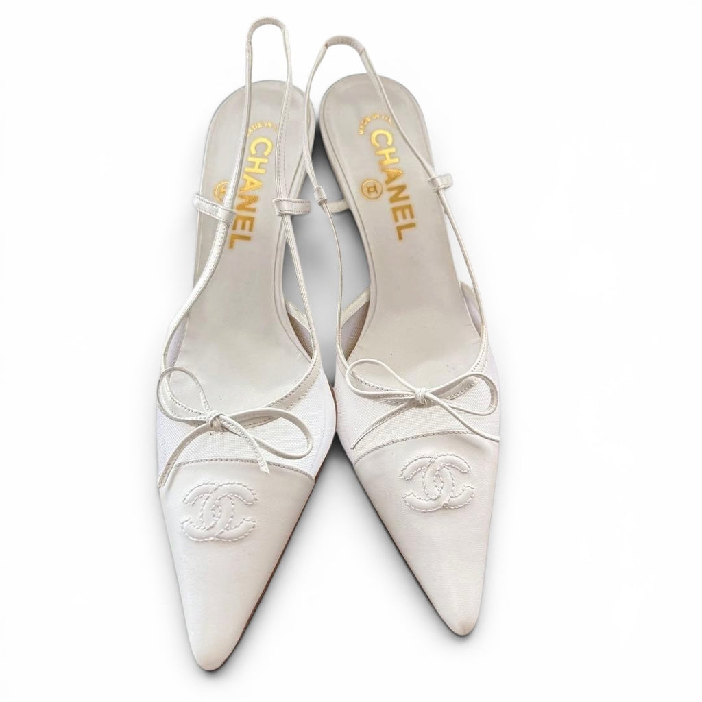 Chanel 2005 Iconic "CC" White Toe Cap Mesh Bow Slingback Heels